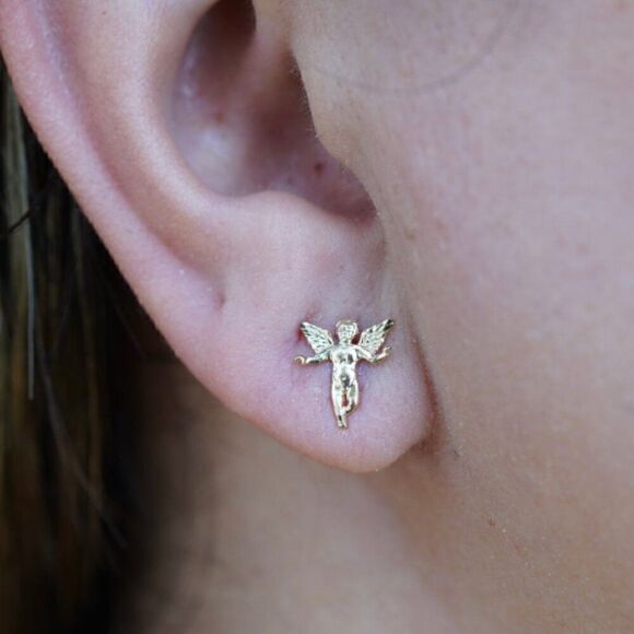 14k Yellow solid Gold Angel Stud Earrings (11 mm X 8 mm) | Gift for Mother | - Picture 3 of 10